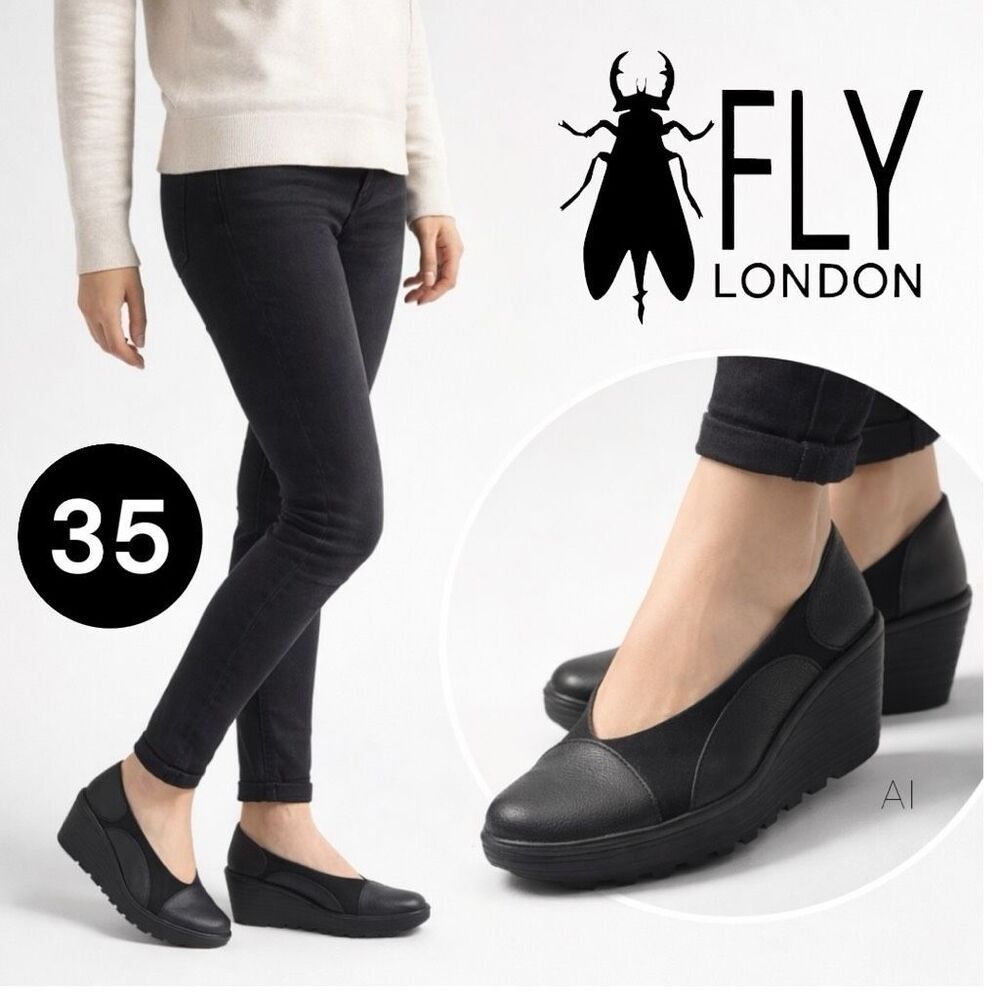 Fly London Women's Yani Leather Wedge Platform Slip On Shoes Black Size 35